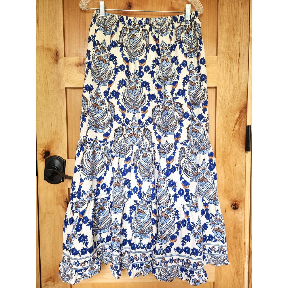 Max Studio SMALL Blue White Floral Cotton Rayon Midi Skirt‎ Elastic Waist Boho
